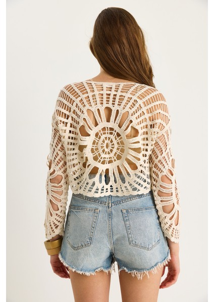 Kadın Dantel Örgü Triko Crop Bluz