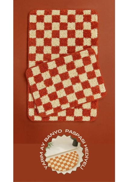 Yarım Ay Paspas Hediyeli Dama Desenli Kaymaz Taban Yıkanabilir 2 Parça Banyo Paspası 60X100 cm Shaggy Chess