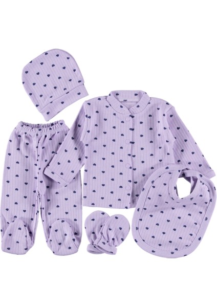 Fitilli Kalp Baskılı Kız 5'li Zıbın Seti Hastane Çıkışı0-3 Ay Pamuklu