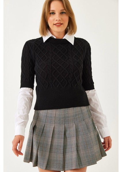 Kadın Gömlek Detaylı Saç Örgülü Triko Kazak