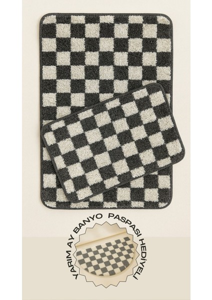 Yarım Ay Paspas Hediyeli Dama Desenli Kaymaz Taban Yıkanabilir 2 Parça Banyo Paspası 60X100 cm Shaggy Chess