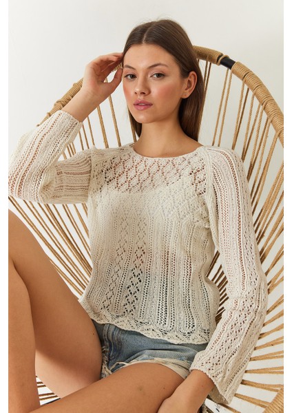Kadın Kayık Yaka Ajurlu Örgü Triko Bluz fırsatları
