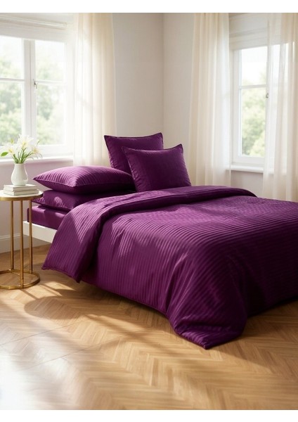 Line Çift Kişilik Mürdüm Pamuk Saten Nevresim Takımı – 4 Yastıklı Çizgili Şık Tasarım