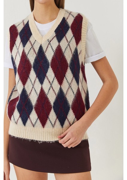 Kadın Şardonlu Baklava Desenli Triko Süveter