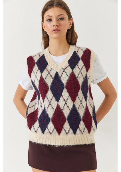 Kadın Şardonlu Baklava Desenli Triko Süveter modelleri