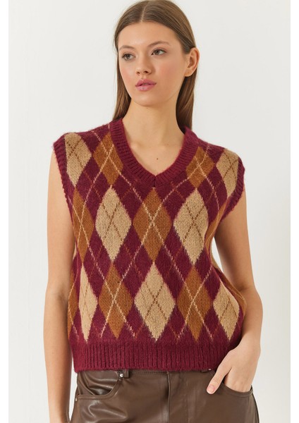 Kadın Şardonlu Baklava Desenli Triko Süveter