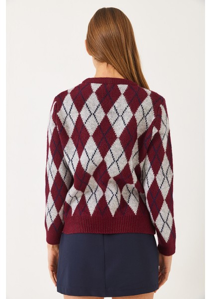 Kadın Bisiklet Yaka Baklava Desenli Kazak