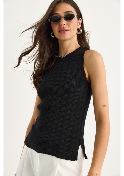 Kadın Bisiklet Yaka Fitilli Triko Bluz