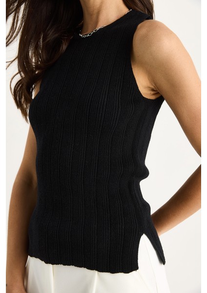 Kadın Bisiklet Yaka Fitilli Triko Bluz