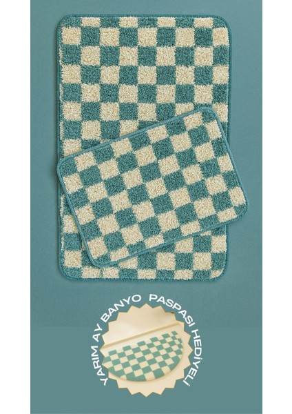 Yarım Ay Paspas Hediyeli Dama Desenli Kaymaz Taban Yıkanabilir 2 Parça Banyo Paspası 60X100 cm Shaggy Chess