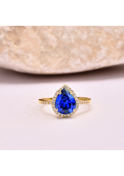14 Ayar Altın Damla Kesim Mavi Safir Yüzük fiyatları