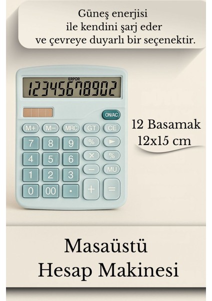Güneşle Çalışan 12 Basamaklı Masaüstü Hesap Makinesi