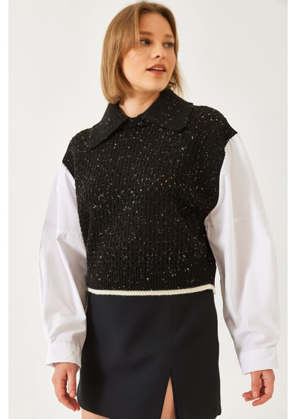 Kadın Gömlek Yaka Ajurlu Triko Kazak