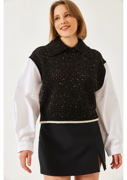 Kadın Gömlek Yaka Ajurlu Triko Kazak fiyatları