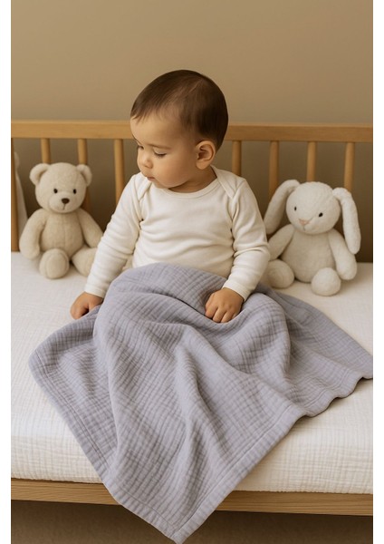 Ftbabycollection %100 Pamuk 4 Katlı Müslin Bebek Battaniyesi Gri Oeko-Tex Sertifikalı Müslin Örtü 100x110 cm modelleri