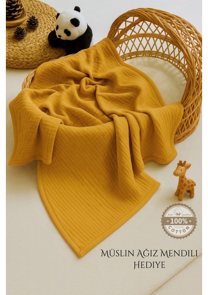 Ftbabycollection %100 Pamuk 4 Katlı Müslin Bebek Battaniyesi Hardal Oeko-Tex Sertifikalı Müslin Örtü 100x110 cm