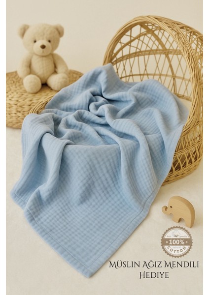 Ftbabycollection %100 Pamuk 4 Katlı Müslin Bebek Battaniyesi Bebe Mavisi Oeko-Tex Sertifikalı Müslin Örtü 100x110 cm