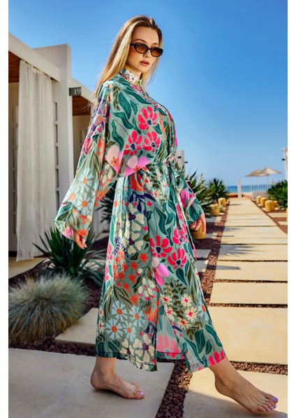 Remsa Tesettür Mayo Üzerine Tek Kaftan Kimono Pareo Yeşil RP026 Patara