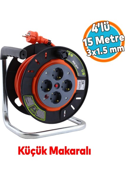 Küçük Makaralı Seyyar Cca Kablo 4 Priz Monofaze Uzatma Kablosu 3x1.5 mm Ttr Kablo Plastik 15 Metre