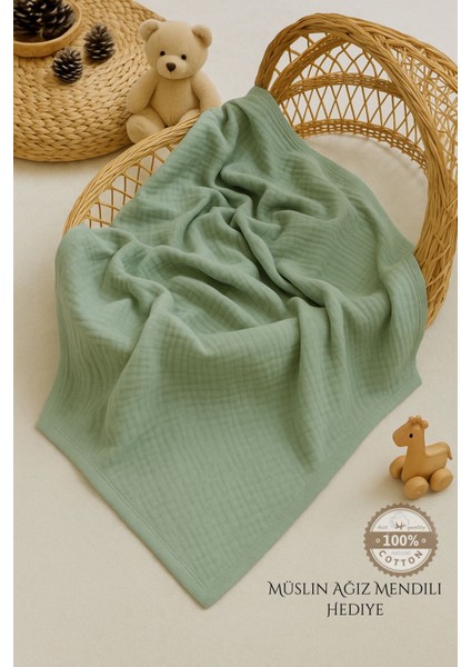 Ftbabycollection %100 Pamuk 4 Katlı Müslin Bebek Battaniyesi Nil Yeşili Oeko-Tex Sertifikalı Müslin Örtü 100 x 110 cm