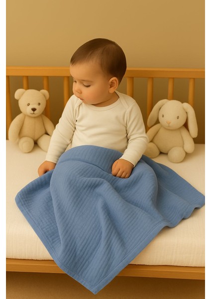 Ftbabycollection %100 Pamuk 4 Katlı Müslin Bebek Battaniyesi İndigo Mavi Oeko-Tex Sertifikalı Müslin Örtü 100x110 cm modelleri
