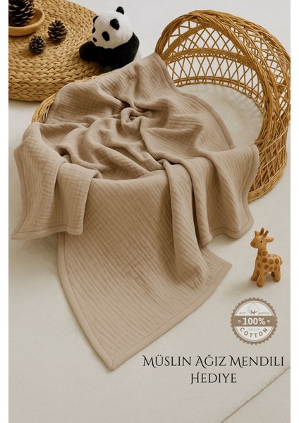 Ftbabycollection %100 Pamuk 4 Katlı Müslin Bebek Battaniyesi Latte Oeko-Tex Sertifikalı Müslin Örtü 100x110 cm