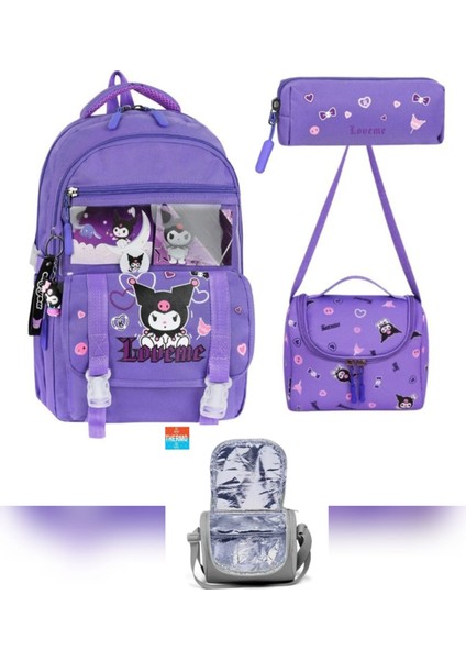 Lila Aksesuarlı Kore Tarzı Kromili Kız Çocuk Okul Sırt Çantası Termal Beslenme ve Kalemlikli Seti