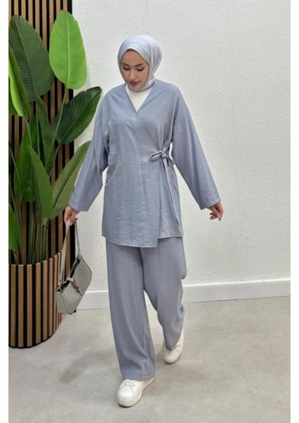 Kadın Çapraz Bağlamalı Keten Kimono Tesettür Pantolon Takım