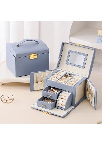 Şık Çok Gözlü Mavi Mücevher Takı Kutusu - Kilitli Aynalı Takı Kutusu