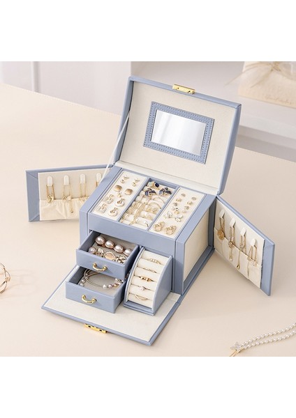 Şık Çok Gözlü Mavi Mücevher Takı Kutusu - Kilitli Aynalı Takı Kutusu modelleri