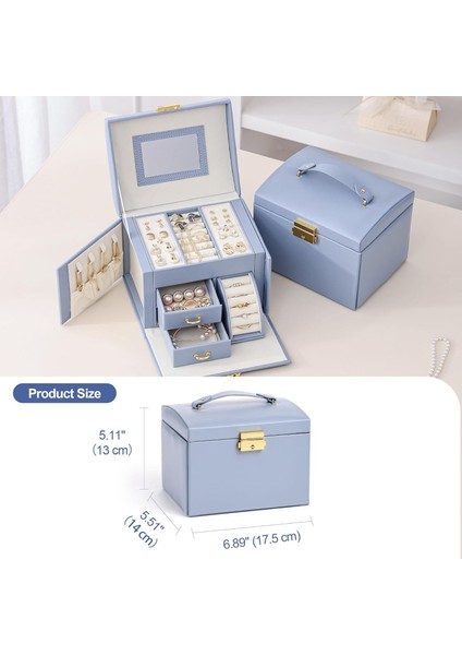 Şık Çok Gözlü Mavi Mücevher Takı Kutusu - Kilitli Aynalı Takı Kutusu indirimleri