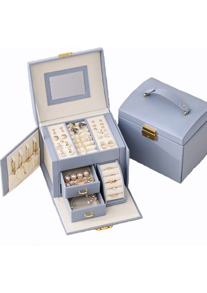 Şık Çok Gözlü Mavi Mücevher Takı Kutusu - Kilitli Aynalı Takı Kutusu