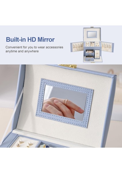 Şık Çok Gözlü Mavi Mücevher Takı Kutusu - Kilitli Aynalı Takı Kutusu