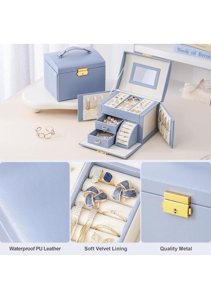 Şık Çok Gözlü Mavi Mücevher Takı Kutusu - Kilitli Aynalı Takı Kutusu