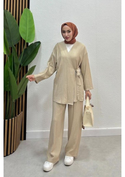 Kadın Çapraz Bağlamalı Keten Kimono Tesettür Pantolon Takım