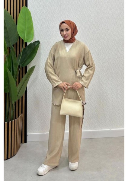 Kadın Çapraz Bağlamalı Keten Kimono Tesettür Pantolon Takım fiyatları