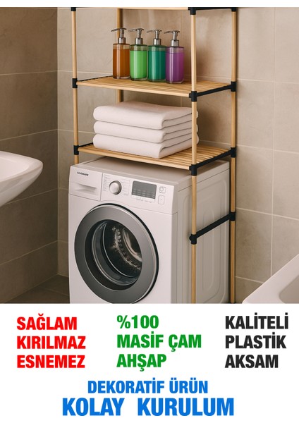 NC01 Ahşap Çamaşır Makinesi Organizer Banyo Düzenleyici Raf Masif Çam Ahşap
