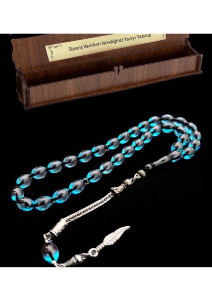 Sertifikalı Usta Işçilikli Sıkma Deniz Mavisi Ateş Kehribar Tesbih Hediyelik Ahşap Kutulu