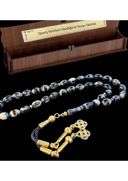 Siyah Beyaz Beyrut Damla Toz Kehribar Tesbih, Kehribar Hediyelik Ahşap Kutulu Tespih