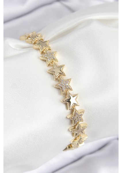 Vıp Pirinç Zirkon Taşlı Yıldız Model Gold Renk Kadın Bileklik