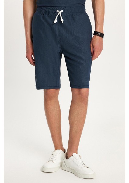 Erkek Standart Fit Pamuklu Jakarlı Baskılı Bisiklet Yaka Beli Bağcıklı Lacivert Şort Takım fiyatları