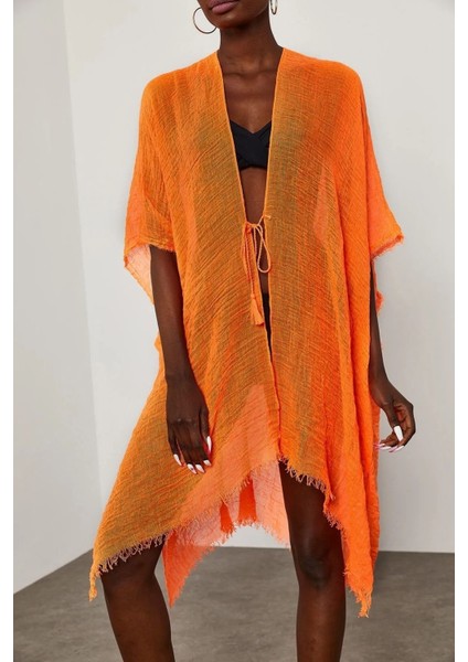 Kadın Oranj Bağlamalı Pamuklu Kimono Pareo Plaj Elbisesi KM11200