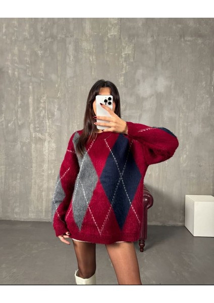 Kadın Bisiklet Yaka Oversize Salaş Baklava Desenli Tüylü Premium Triko Kazak WM3314