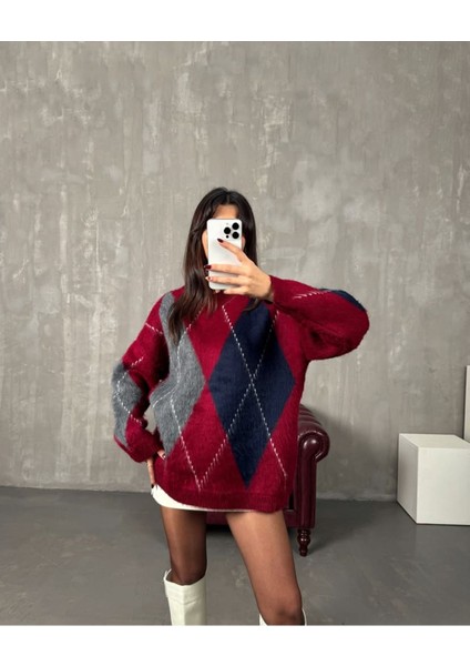 Kadın Bisiklet Yaka Oversize Salaş Baklava Desenli Tüylü Premium Triko Kazak WM3314 fırsatları