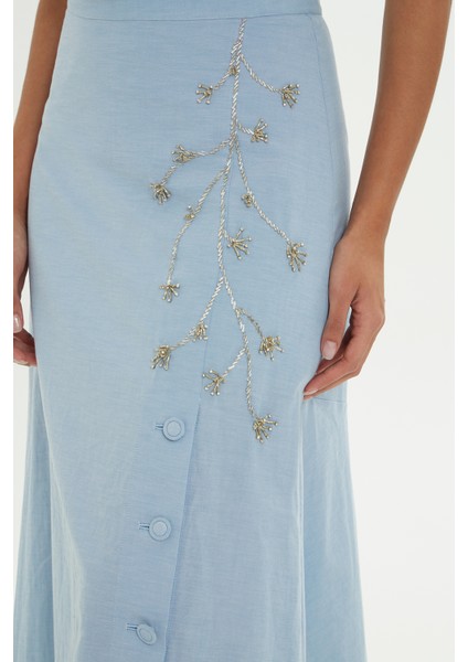 Çan Formlu Midi Mavi Etek modelleri