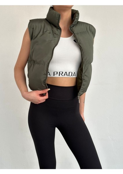 Kadın Haki Kısa Crop Şişme Yelek modelleri
