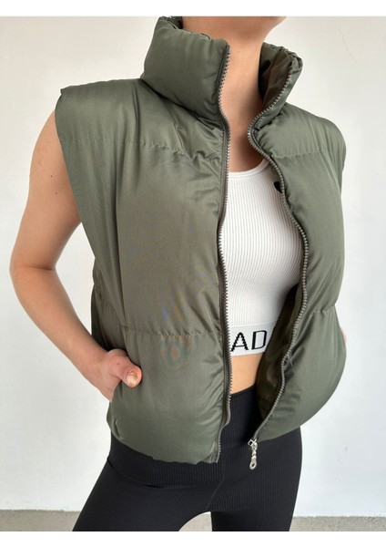 Kadın Haki Kısa Crop Şişme Yelek
