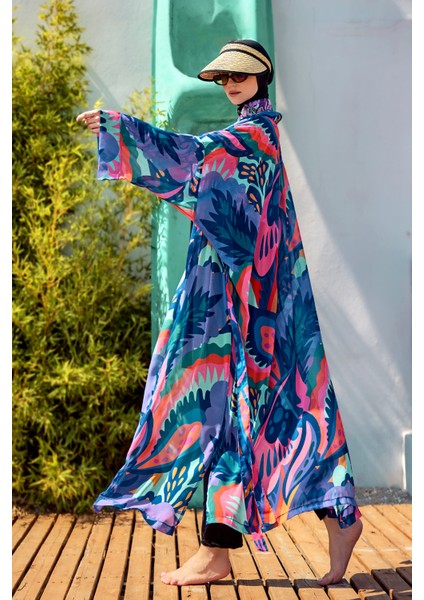 Remsa Tesettür Mayo Üzerine Tek Kaftan Kimono Pareo Mor RP028 Morika