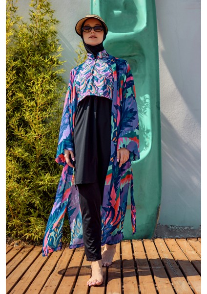 Remsa Tesettür Mayo Üzerine Tek Kaftan Kimono Pareo Mor RP028 Morika modelleri