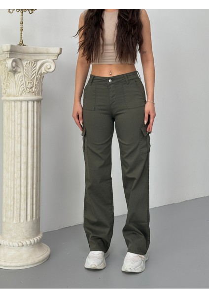 Kadın Kargo Cepli Likralı Yüksek Bel Wide Leg Pantolon